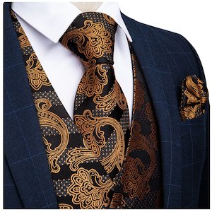 MEN'S CLASSIC BROWN BLACK FLORAL JACQUARD SILK WAISTCOAT VEST HANDKERCHIEF …