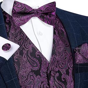 Black Purple Men Paisley Floral Jacquard Waistcoat Set Vest & Bow Tie Pocket Squ…