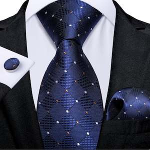 Royal Blue Plaid Tie Handkerchief Cufflinks Set_ N-7374