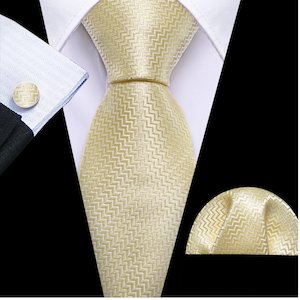 Menswear: Light Yellow Ripple Silk 63 Inches Extra Long Tie Hanky Cufflinks Set- N-9558