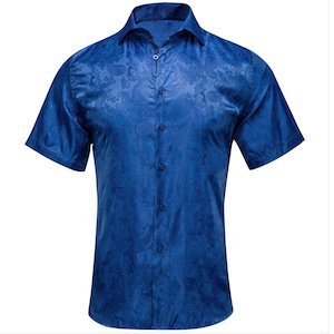 Royal Blue Paisley Silk Men's Short Sleeve Shirt-CY-1462