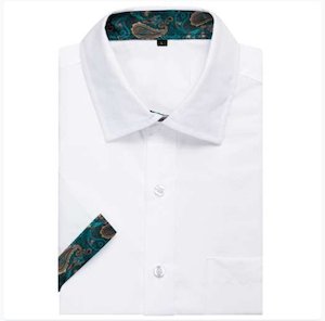 Simon Von White Green Paisley Panel Men's Slim Short Sleeve Shirt- CY-2400