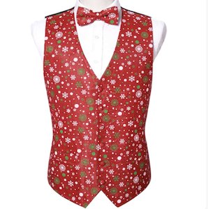 Menswear: RED CHRISTMAS SILK WAISTCOAT VEST BOWTIE VEST SUIT SET-2054