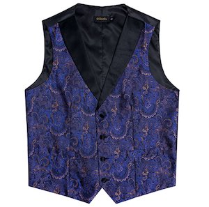 Blue and Gold  Floral Silk Single  Waistcoat Vest Only -NO TIE-MJ-0208