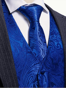 Cerulean Blue Paisley Silk Vest Necktie Pocket Square Cufflinks Set- MJ-2793