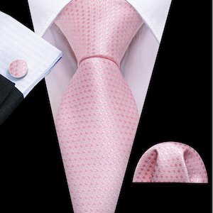 Pink Polka Dot Silk Necktie Pocket Square Cufflinks Set-N-6493