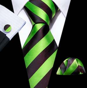 Pea Green Black Striped Silk Tie Handkerchief Cufflinks Set- N-6093