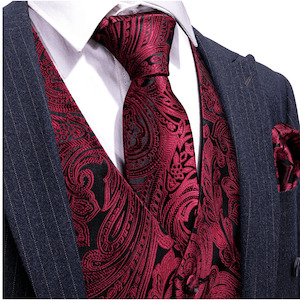 Men's Red Black Paisley Silk Vest Necktie Pocket square Cufflinks-MJ-2680