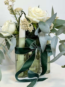 White & Green 3 Candle Arrangement in Glass Vase