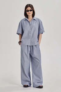 Womens Tops Shirts: Commoners Boyfriend Shirt - Blue Pinstripe