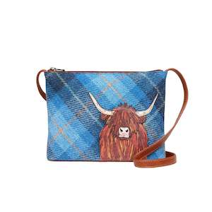 Highland Cow Blue Tweed Leather Crossbody Bag