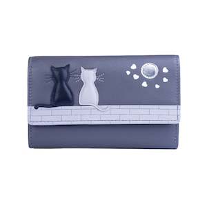 Wallets: Midnight Cats Tri Fold Leather Purse - Grey