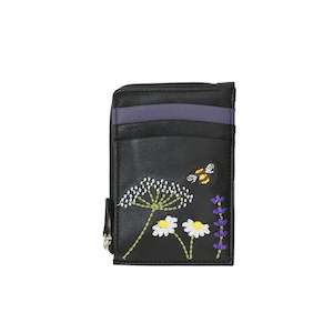 Blossom Card & Coin Leather Holder - Black