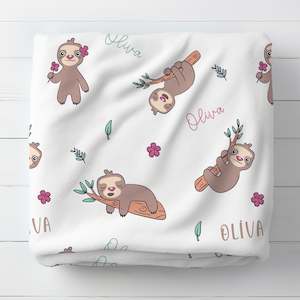 Personalised Cute Sloth Floral Blanket