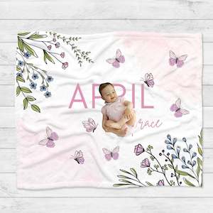 Personalised Pink Blue Wildflower Butterfly Blanket