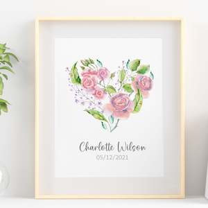 personalised name flower heart wall art print