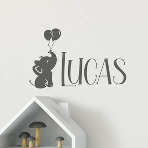 custom name baby elephant holding balloons nursery wall decal