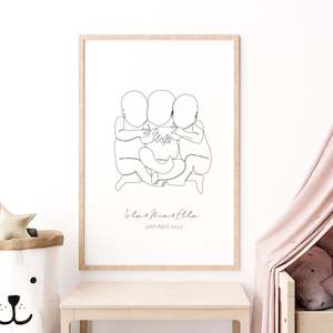 Baby wear: custom name triplets line drawing wall art print