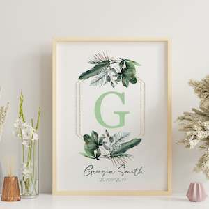 Baby wear: custom name tropical leaves flowers nursery print