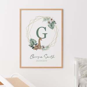 custom name jungle giraffe nursery print