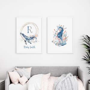 Baby wear: custom name whale wall art print unframed