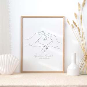 custom name baby hands line drawing wall art print