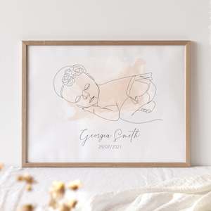 Baby wear: custom name newborn baby line drawing wall art print