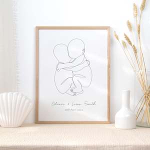 Baby wear: custom name twins line drawing wall art print