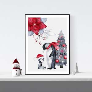 Baby wear: baby penguin Christmas wall art print unframed