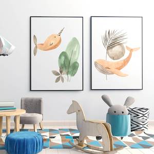 narwhal and whale nursery prints set of 2