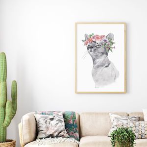 flower cat wall art print unframed