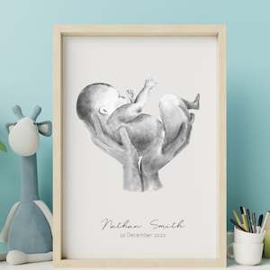 Personalised baby in parent's hands watercolour art print