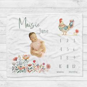 Baby wear: Personalised Floral Chicken Milestone Blanket