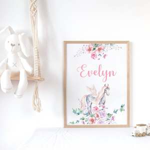 Baby wear: Pegasus personalised name nursery print unframed