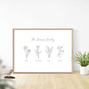 Baby wear: custom names birth flower family wall art print unframed