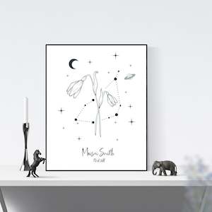 birth flower with constellation personalised name wall art print unframed