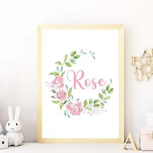 floral wreath personalised name nursery print unframed