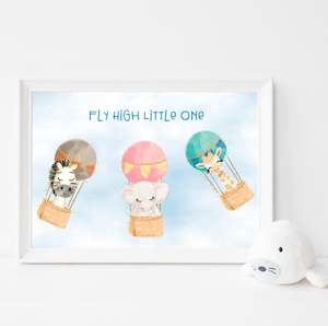 Baby wear: baby animals in hot air balloon nursery print unframed