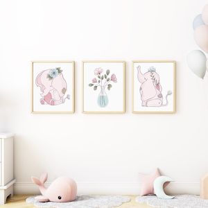 cute pink baby elephant nursery prints set of 3