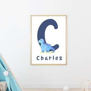 blue dinosaur personalised monogram name nursery print unframed