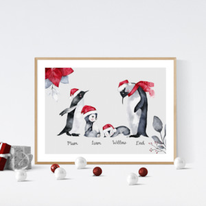 Christmas penguin family custom name wall art print