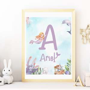 Baby wear: mermaid personalised name nursery print unframed