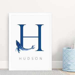 whale personalised monogram name nursery print