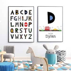 car alphabet with personalised name nursery prints set of 2 unframed