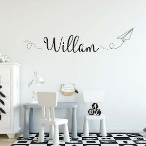 Baby wear: custom name paper airplane  wall decal