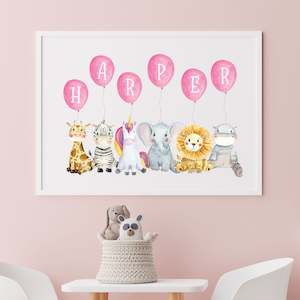 personalised name jungle animal pink balloons nursery print