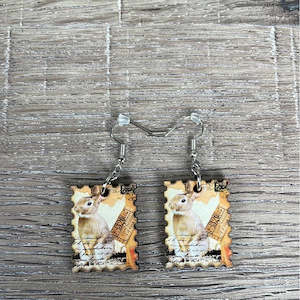 Hanging Earrings - Postage Stamp with Rabbit