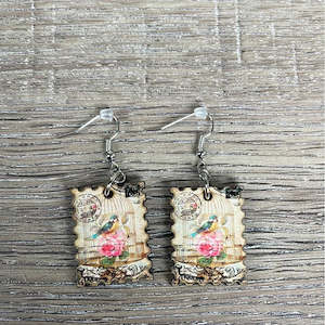 Hanging Earrings - Postage Stamp with Bird In A Cage