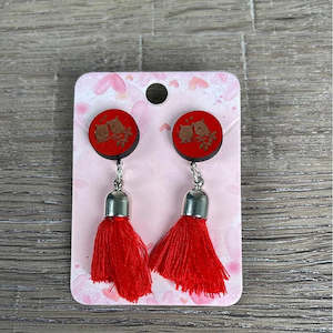 Hanging Earrings - Red Circle with Two Birds