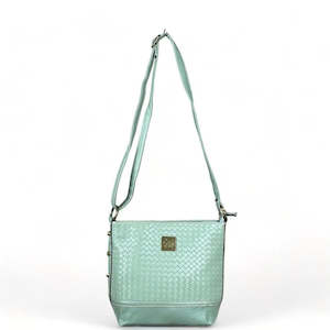 Handbag: Cotton Road Sling Bag - Green PU Leather with Weave Effect